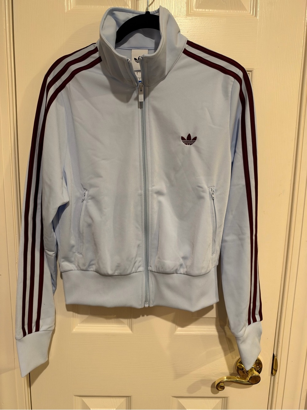 Adidas Light Blue Track Jacket with Burgundy Stripes - Picture 2 of 5